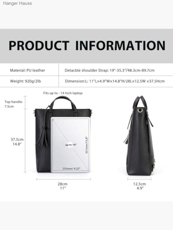 Convertible Tote Backpack Vegan Leather Laptop Bag